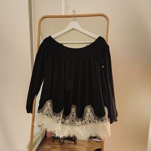 Black Chiffon Off the Shoulder Blouse with White Lace Accent